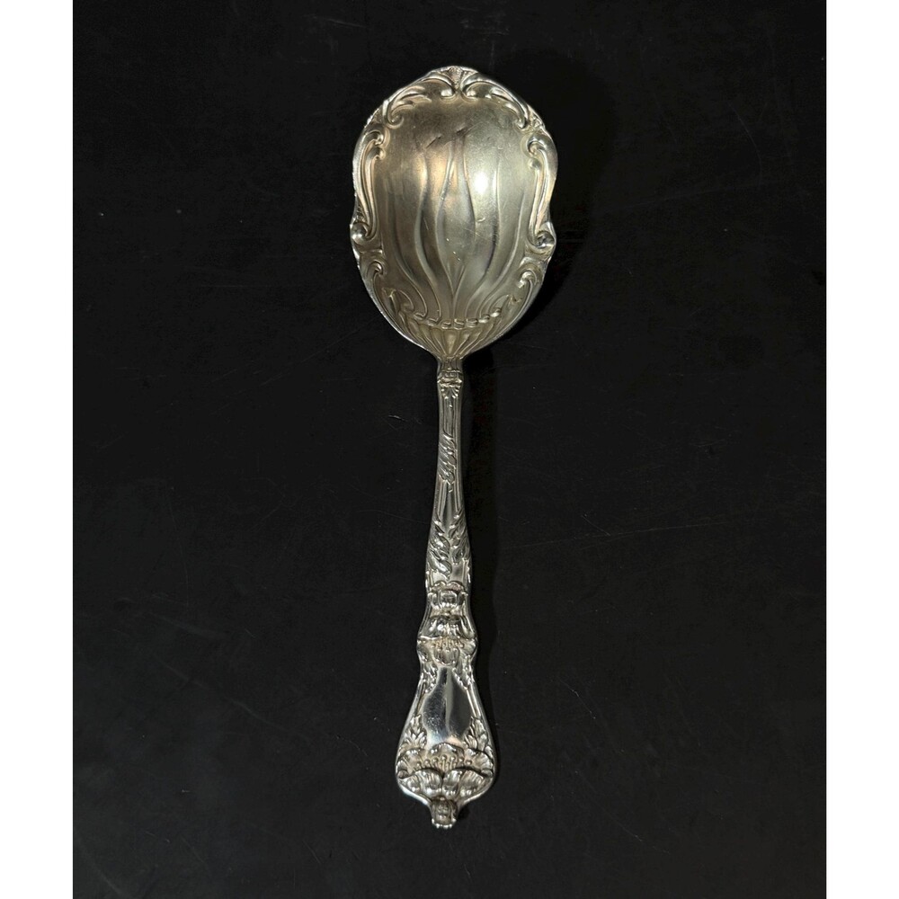 Manchester Sterling Silver Berry Spoon Ornate Repousse Serving Spoon 5.375"